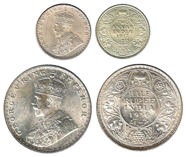 George V, Silver (6), ½ Rupee 1936 (3), and 2 Annas, 1917 (3). All UNC with luster, Scarce