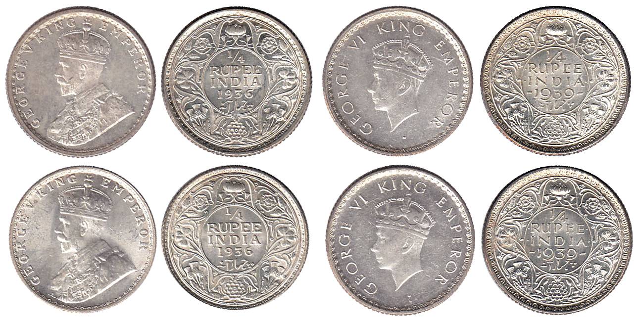 George V and George VI, Silver (5), ¼ Rupee, 1936 (2), 1939 (3). All UNC with luster, Scar