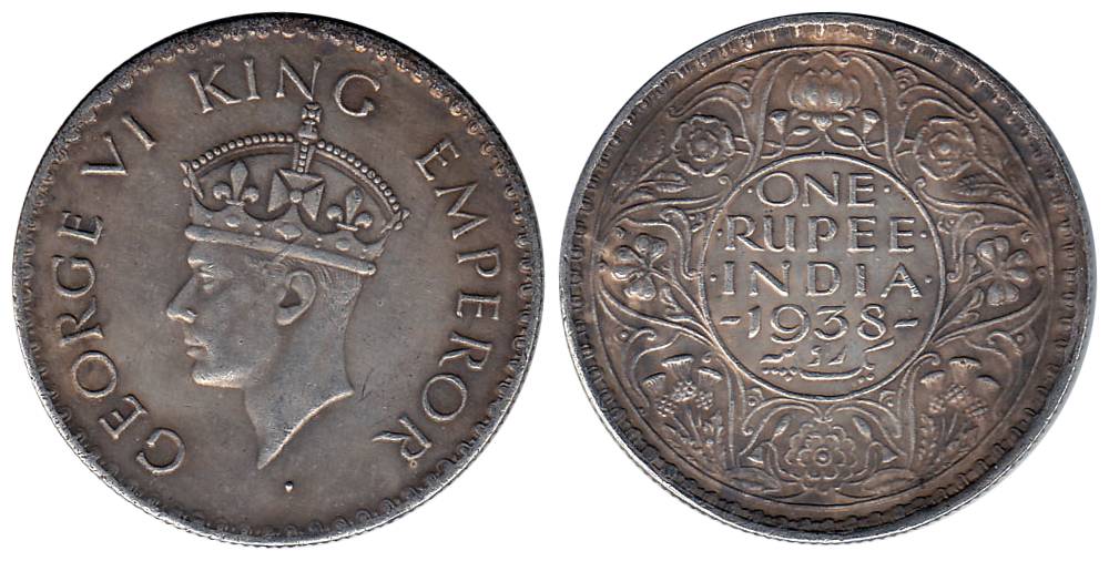 George VI, Silver, Rupee, 1938, Calcutta Mint, milled edge. Very Fine, Scarce.