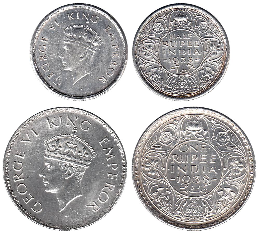 George VI, Silver (2), Rupee and ½ Rupee, 1938, Bombay Mint. About UNC, Scarce. 2 coins