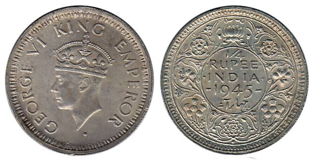 George VI, Silver, ¼ Rupee, 1945, Large 5 type, Bombay Mint. About Extremely Fine, Rare.