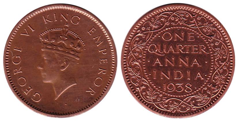 George VI, Copper, ¼ Anna, 1938, Restrike Proof. Rare.