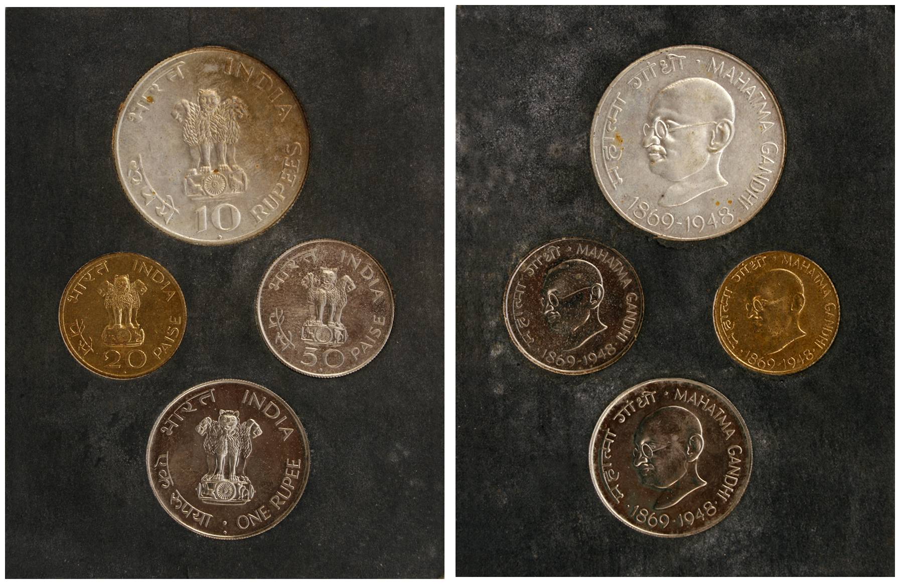 1969, UNC Set of the Birth Centenary of Mahatma Gandhi, Rs. 10, Re. 1, Paisa 50 and 20; in