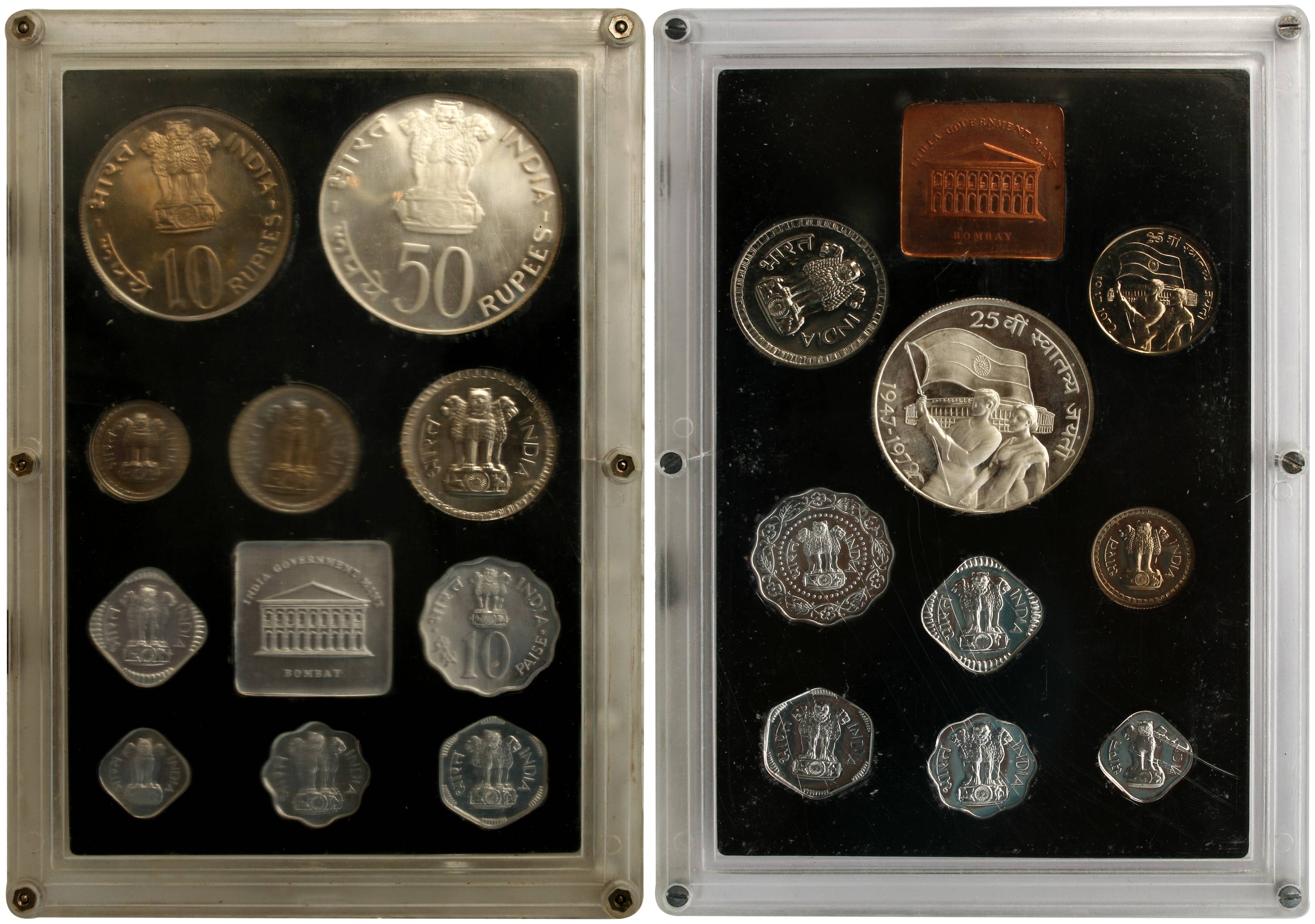 1972, Proof Set of 9 Coins, 25th Anniversary of Independence, Bombay Mint (RB# 31). In ori