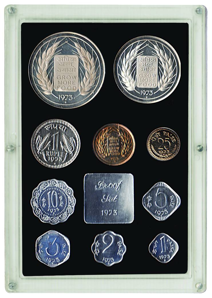 1973, Proof Set of 9 Coins, Grow More Food, Bombay Mint (RB# 36). In original packing, Sca