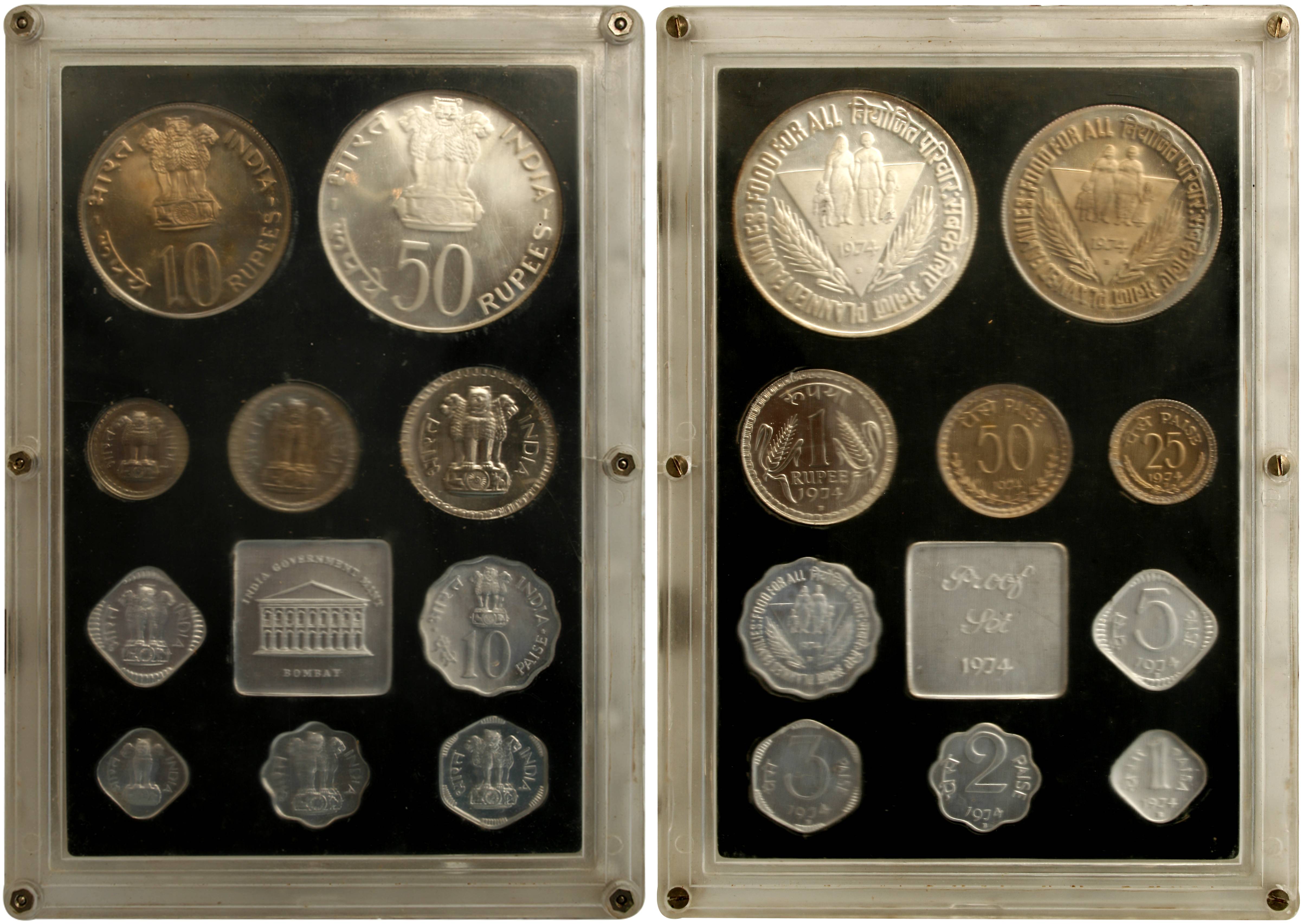 1974, Proof Set of 10 coins, Planned Families: Food for All, without mint emblem, Bombay M