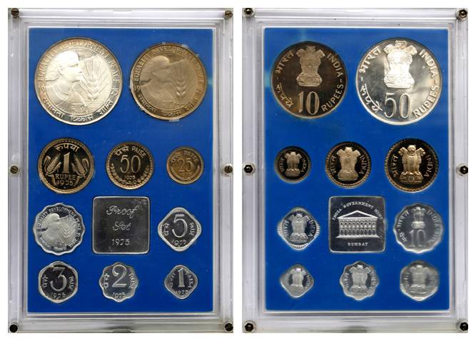 1975, Proof Set of 10 Coins, Equality, Development, Peace, Bombay Mint (RB# 48). In origin
