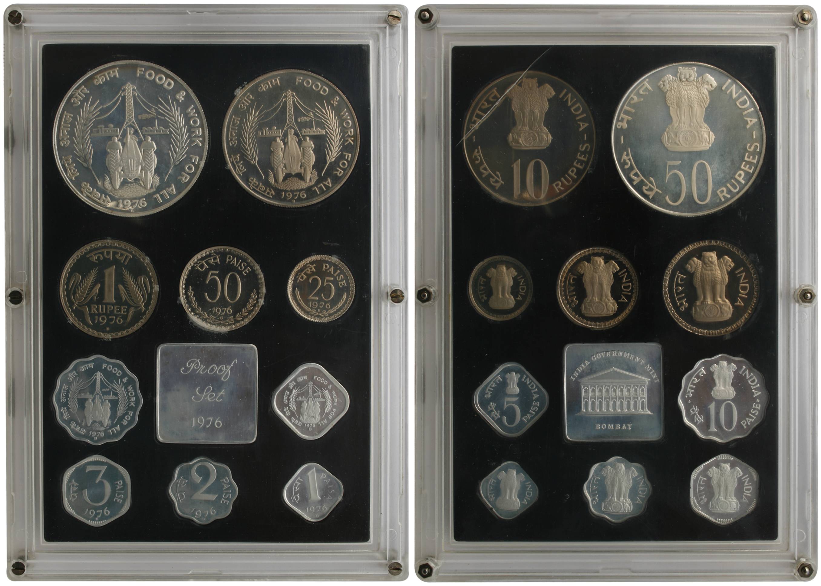 1976, Proof Set of 10 Coins, Food and work for All, Bombay Mint (RB# 55). In original pack