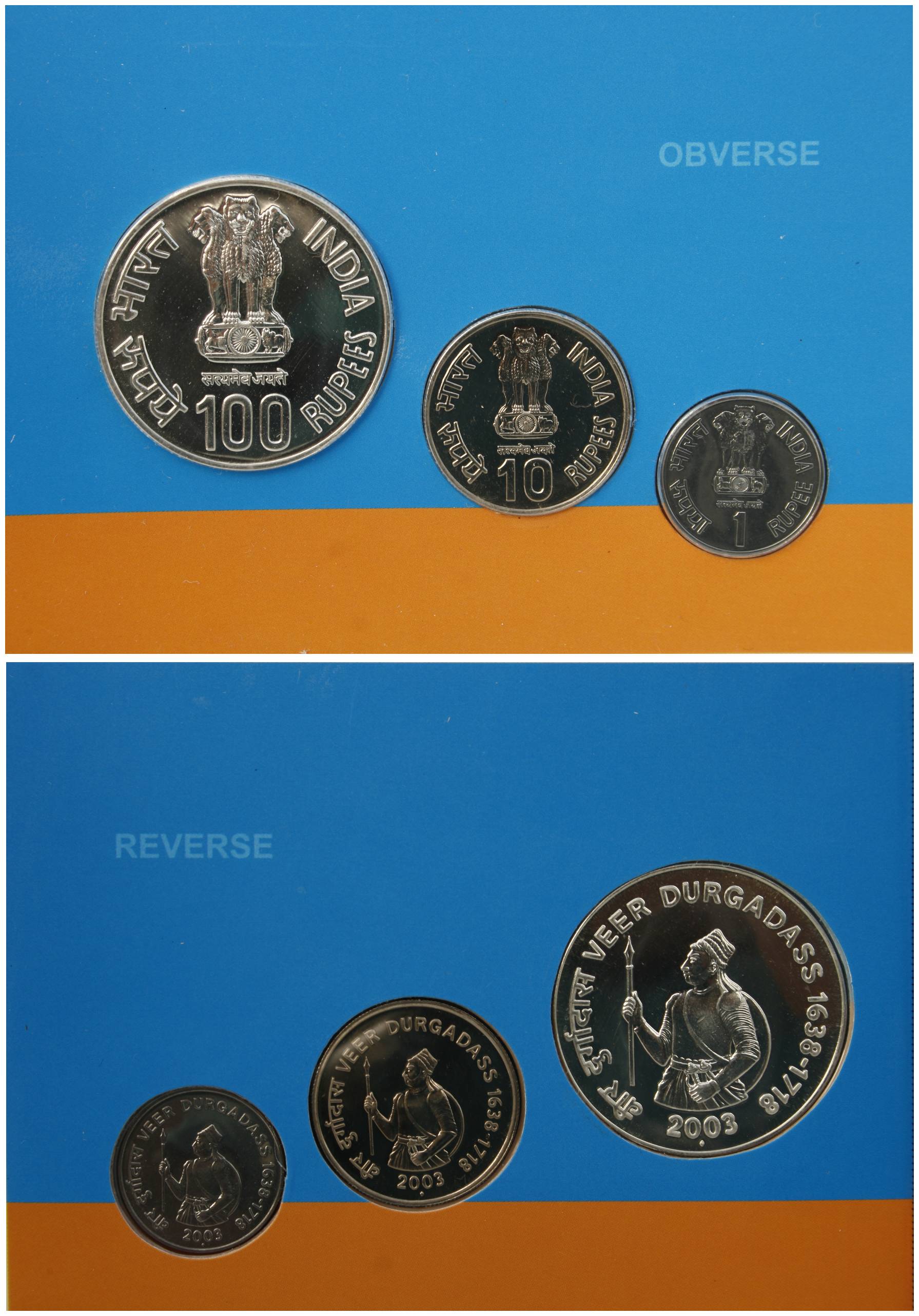 2003, UNC Set of 3 coins of Veer Durgadas, Mumbai Mint, Rs. 100 & 10, and Re. 1 (RB# 259).