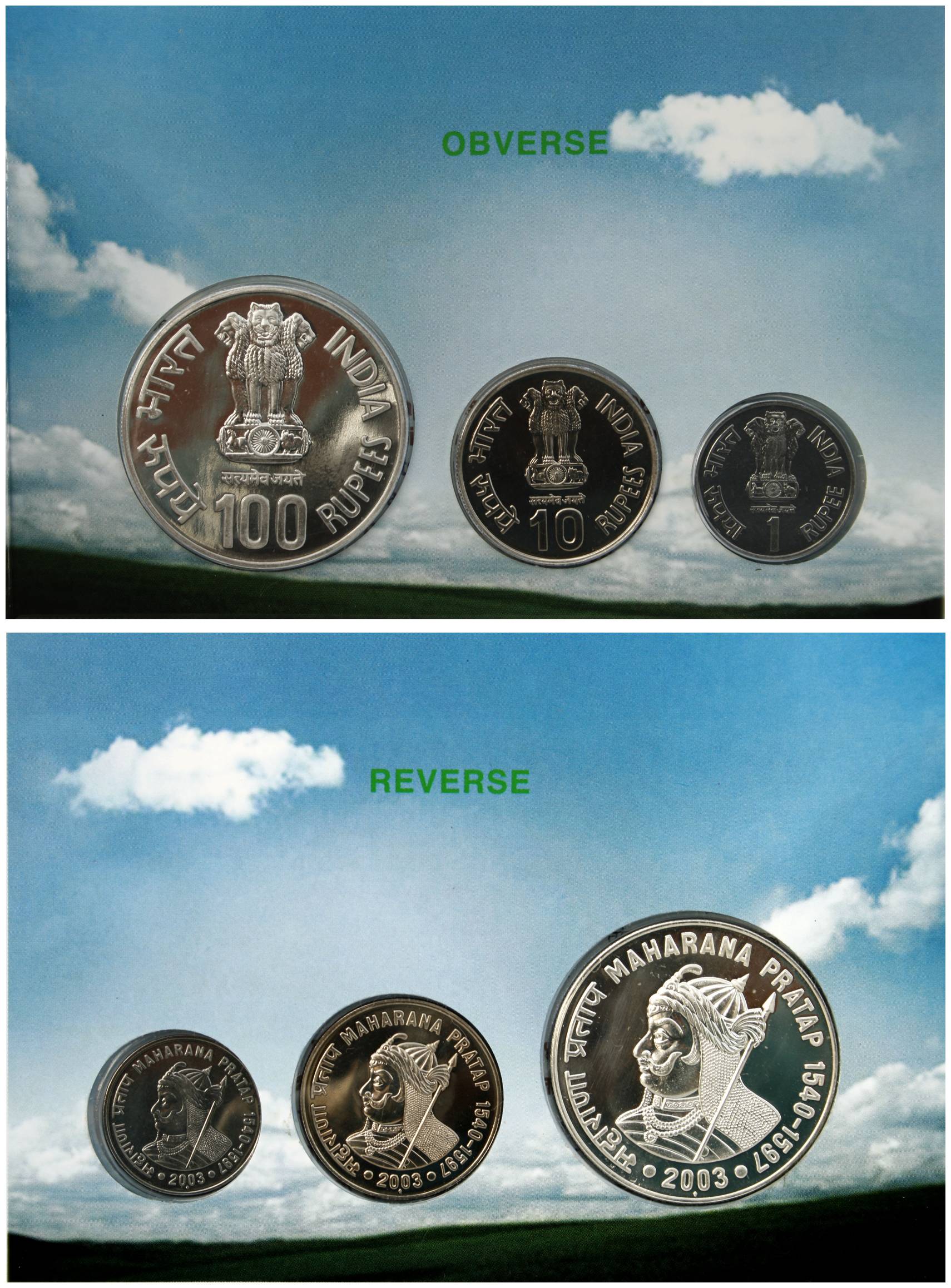 2003, UNC Set of 3 coins of Maharana Pratap, Mumbai Mint, Rs. 100 & 10, and Re. 1 (RB# 263