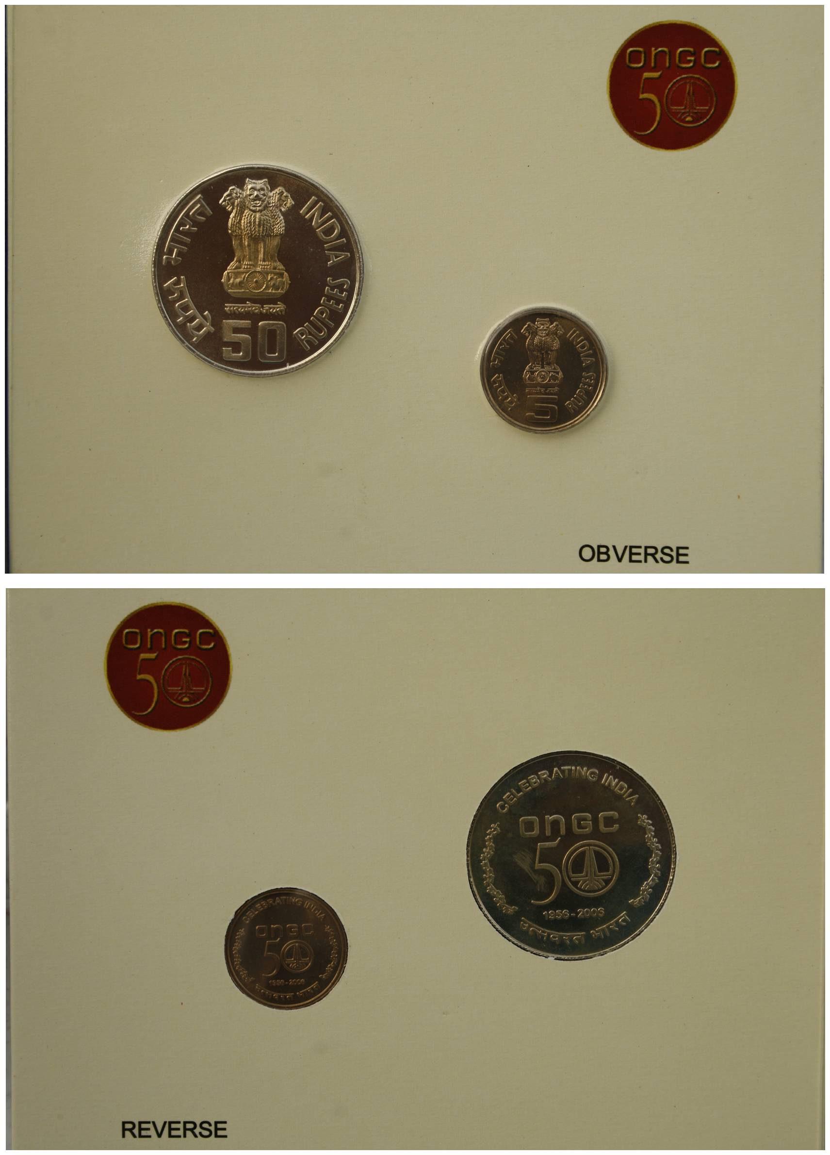 2006, UNC Set of 50 Years of ONGC, Kolkata Mint, Set of 2 Coins, Rs. 50 & 5 (RB# 308).