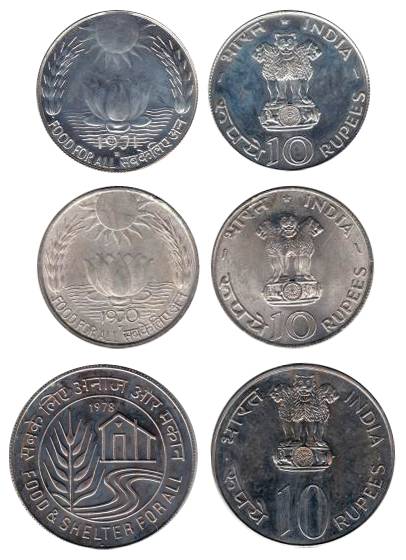 Silver (3), Rs. 10, 1971, Food for All, Proof and UNC Coins, 1978, Food and Shelter for Al