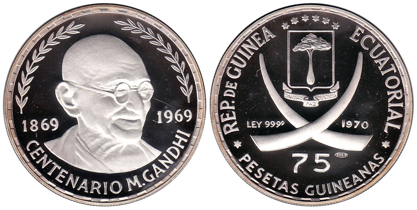 Equatorial Guinea, Silver, 75 Pesos, Mahatma Gandhi Proof Issue, 1970, with a small counte