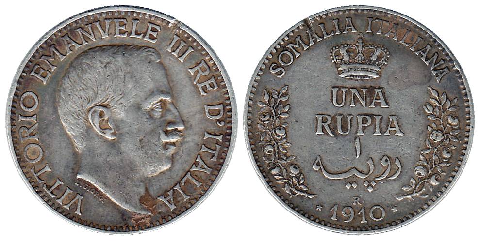 Italia Somalia, Silver, Rupee, 1910. Slight cut on edge otherwise Very Fine, Scarce.