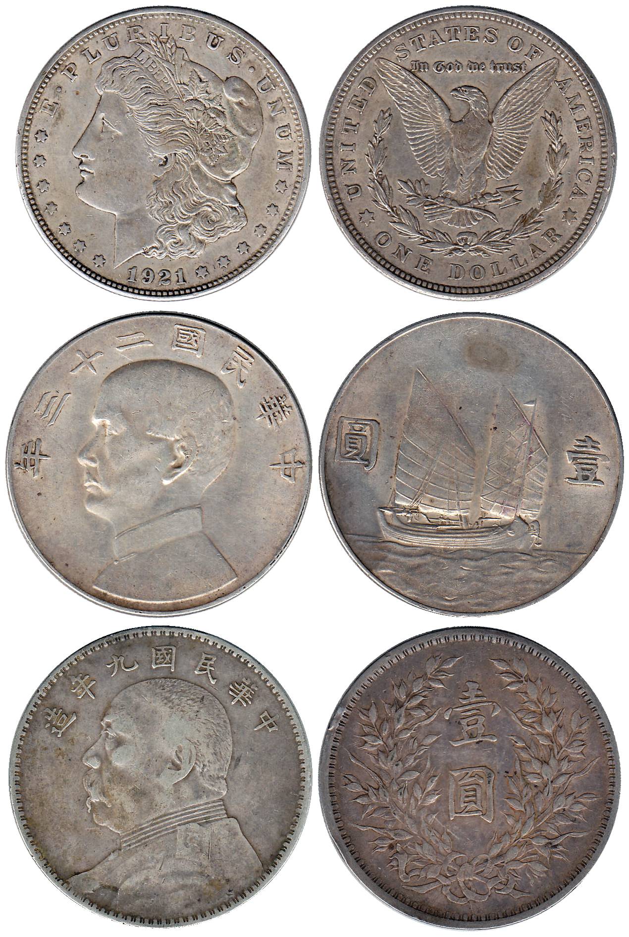 China, Silver (3), China Trade Dollars (2), USA, Morgan Dollar (1), 3 different types and 