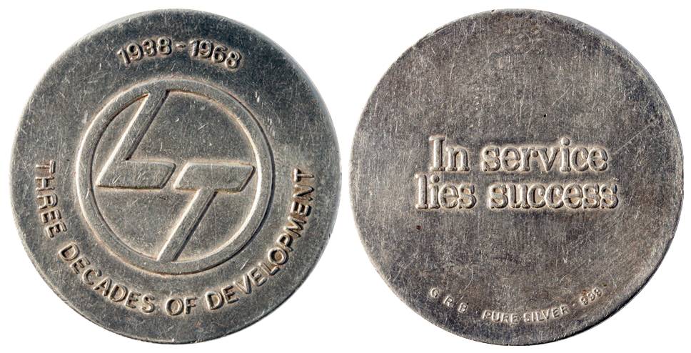 L & T Token, Silver, 50.60 g, logo of the Mumbai based company with 1938-1968 / THREE DECA
