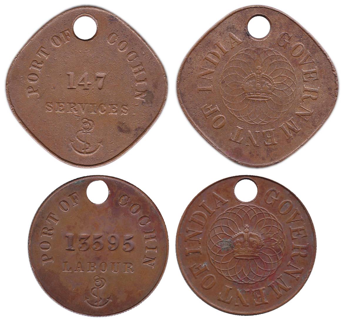 Cochin Tokens, Brass (2), Port Tokens, Port of Cochin, Government of India, with a crown i