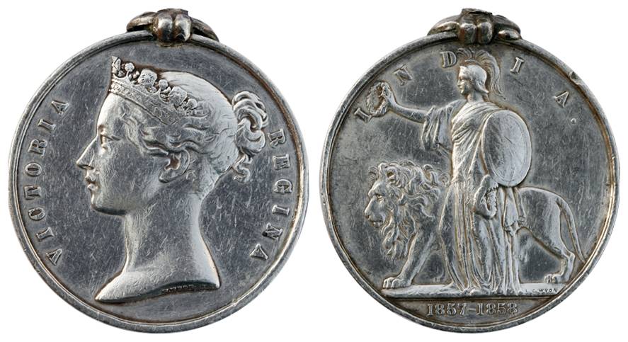 Mutiny Medal, Silver, 32.30 g, of the 1857-58 Mutiny, bust of Victoria to left on obv, God