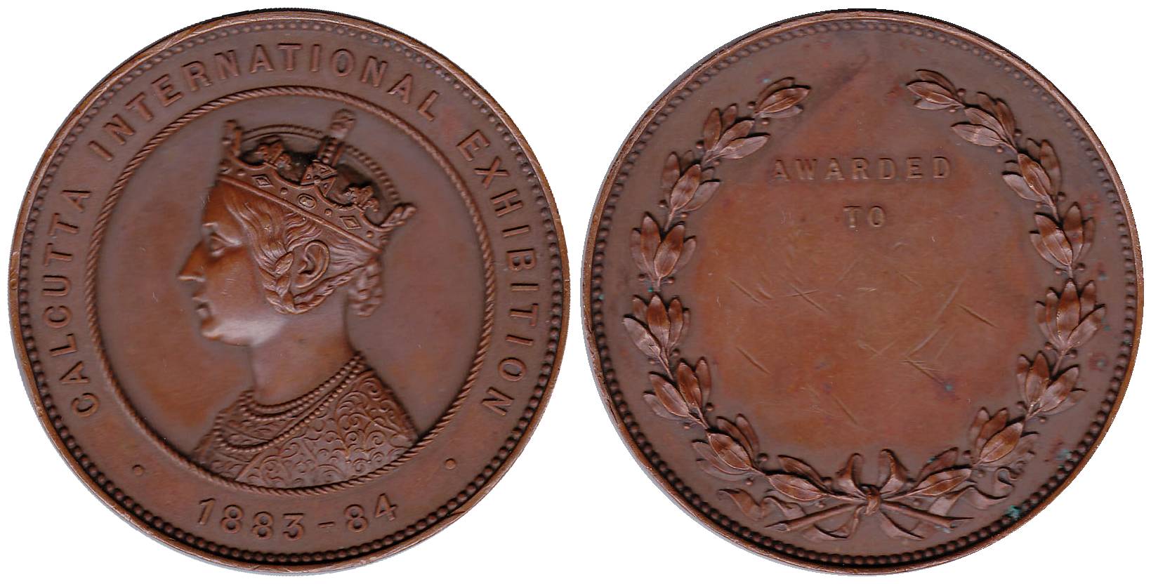 Victoria, Calcutta International Exhibition Medal, Copper, 54.7 g, crowned bust of Victori