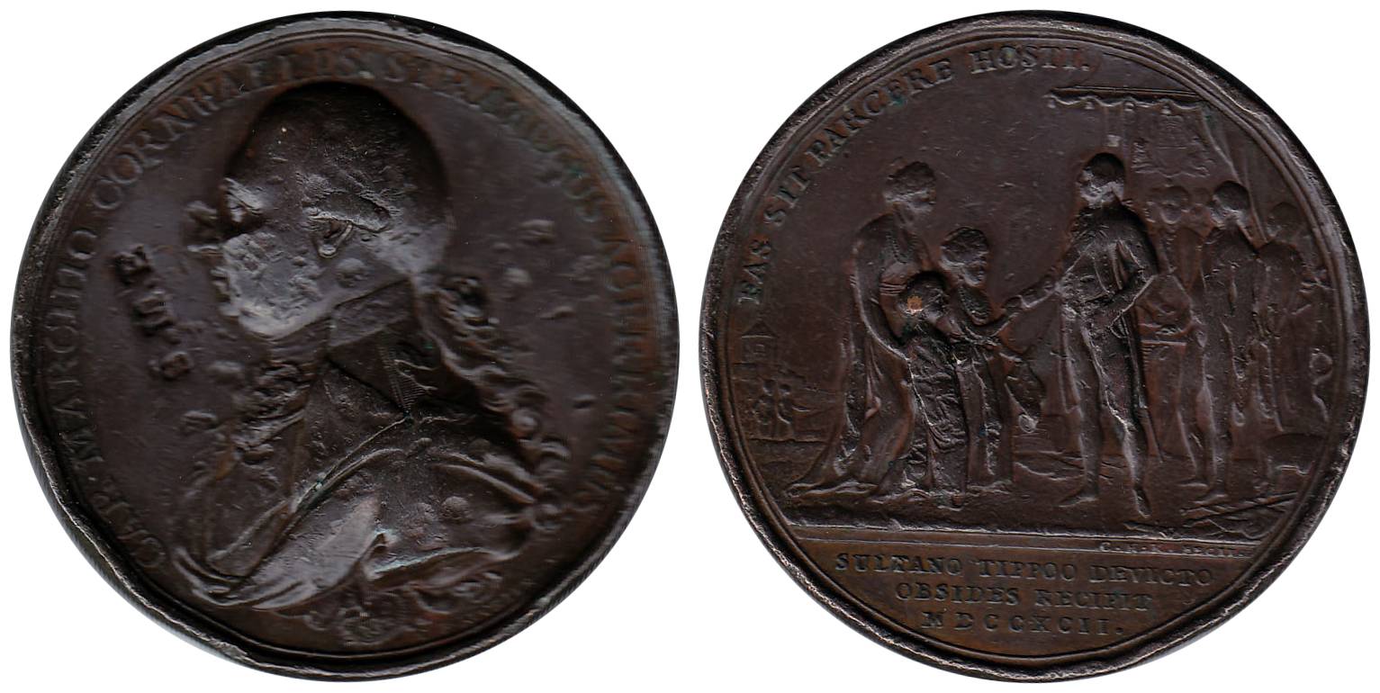 Defeat of Tipu Sultan Medal, Bronze, portrait of Cornwallis to left on obv; Cornwallis and