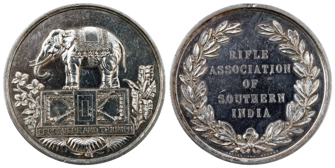 Rifle Association Medal, Silver, 44.50 g, an elephant standing to left on a box of rifles 