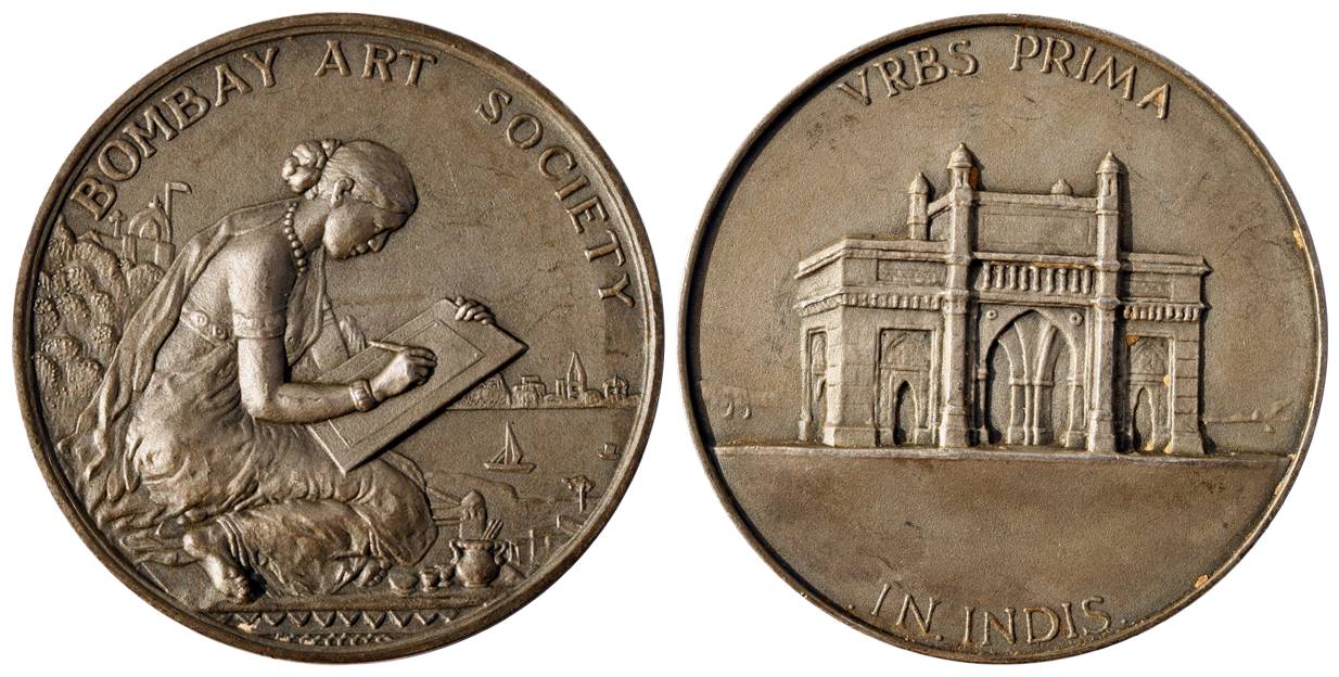 Bombay Art Society Medal, Silver, 67.0 g, a native lady paining a landscape on obv, Gate W