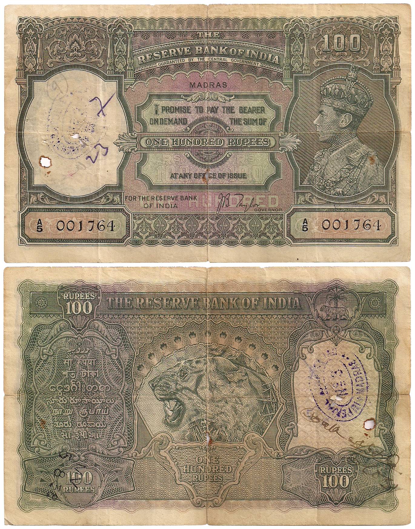 George VI, Rs. 100, sign by J B Taylor, Madras Circle of Issue, Profile Head as Water mark