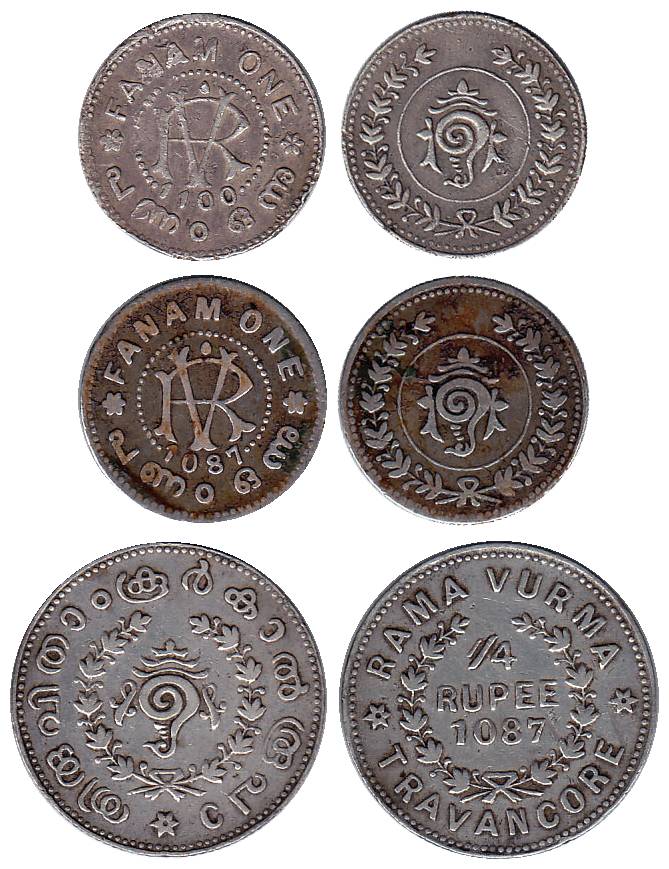Rama Verma, Silver (3), ¼ Rupee, Fanam (2). Fine+ to Very Fine, Scarce. 3 coins