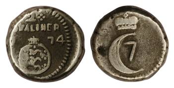 Silver, 2 Royalinear (2 Fano or 2 Fanams), Chritian VII, 1774 (KM 171). Very Fine, Rare.