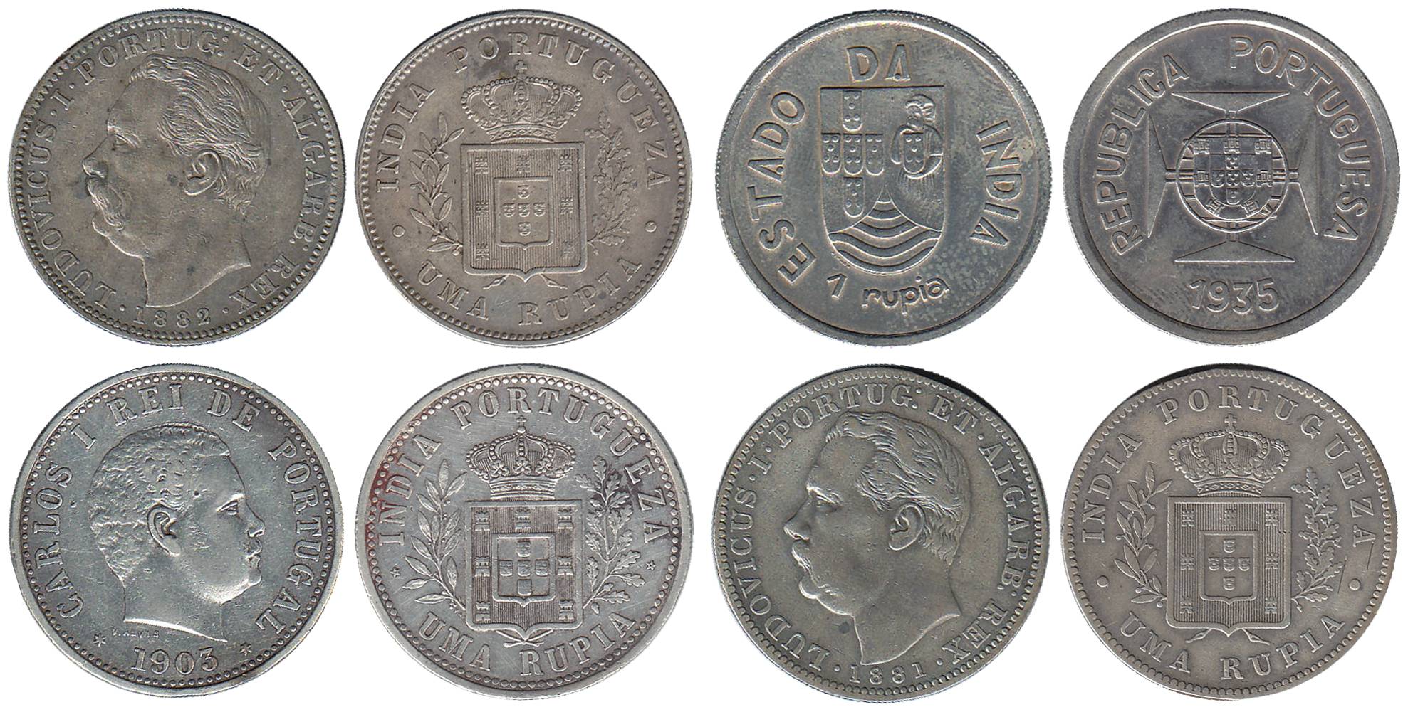 Silver (6), Uma (1) Rupia, 1881, 1882, 1903, 1904, 1912 and 1935. Very Fine to Very Fine+,