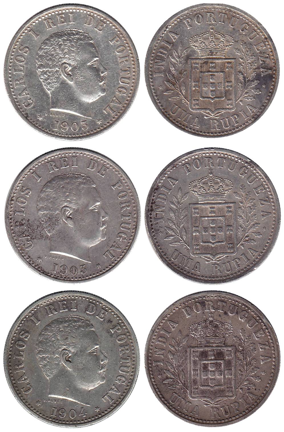 Carlos I, Silver (3), Uma (1) Rupia, 1903 (2) and 1904. Very Fine to Very Fine+, Scarce. 3
