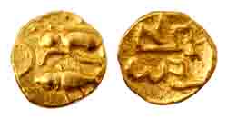 Cholas, Gold, Fanam, fish and tiger emblem on obv, Tamil legend on rev. About Extremely Fi