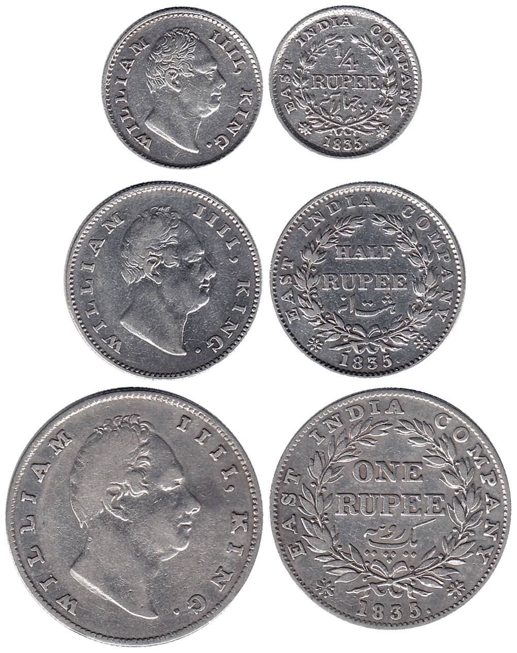 William IV, Silver (3), Set of 3: Rupee, ½ Rupee and 1.4 Rupee, 1835, without initials. Ab