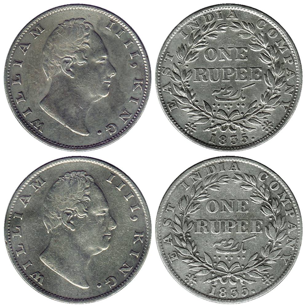 William IV, Silver (2), Rupee, 1835, F incused and without initials at truncation. Very Fi