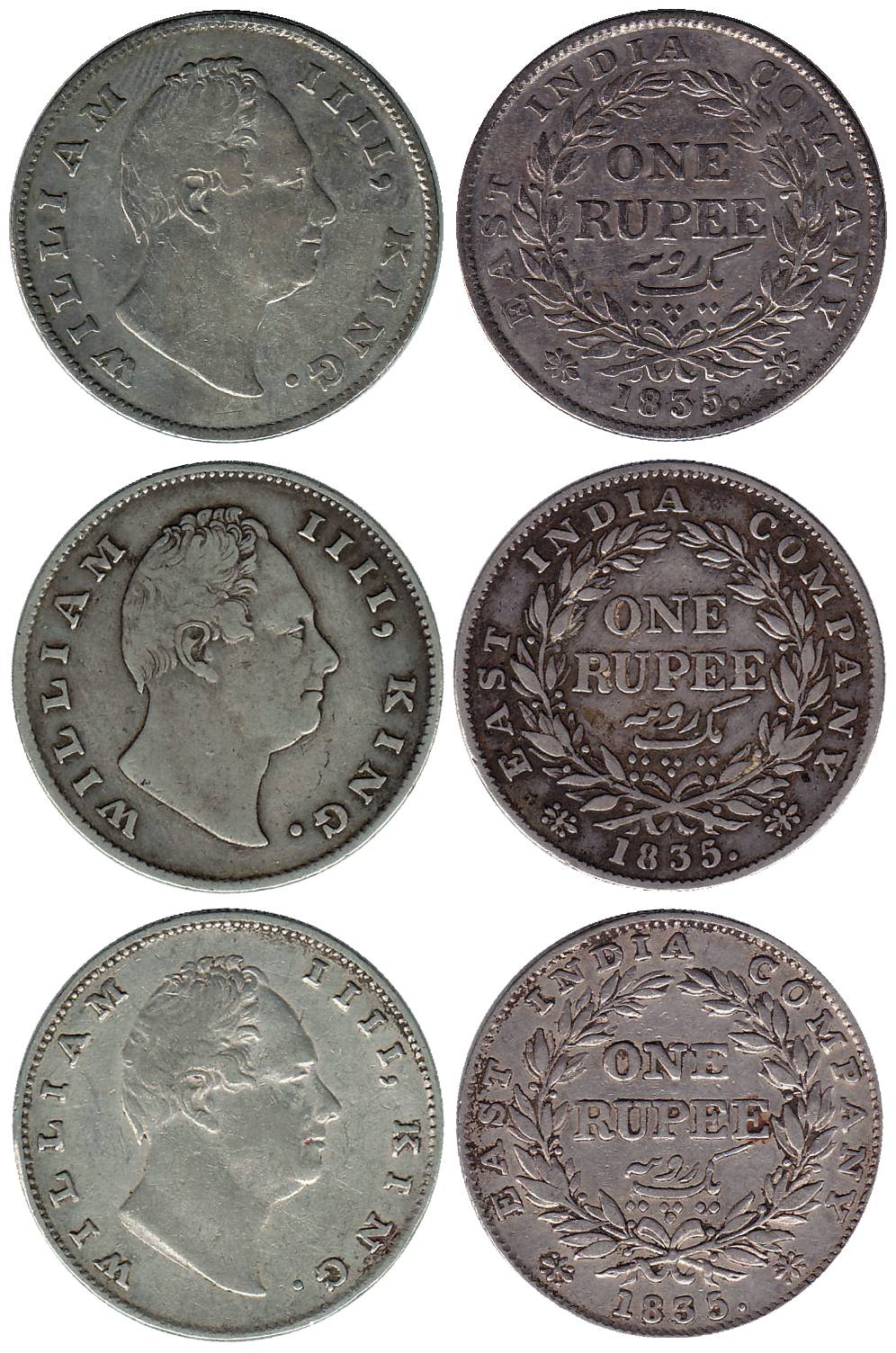 William IV, Silver (3), Rupee, 1835, F Incused, rev I, 19 berries and 2 leaves; second F r