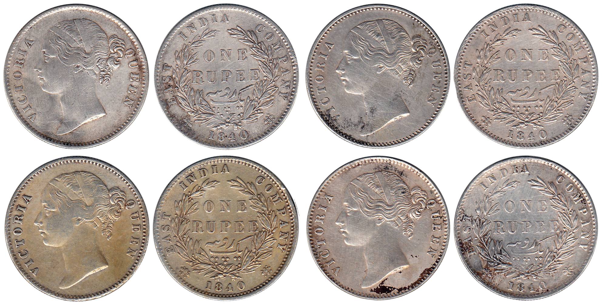 Victoria Queen, Silver (4), Rupee, Divided Legend, 1840, WW raised. Very Fine, scarce. 4 c