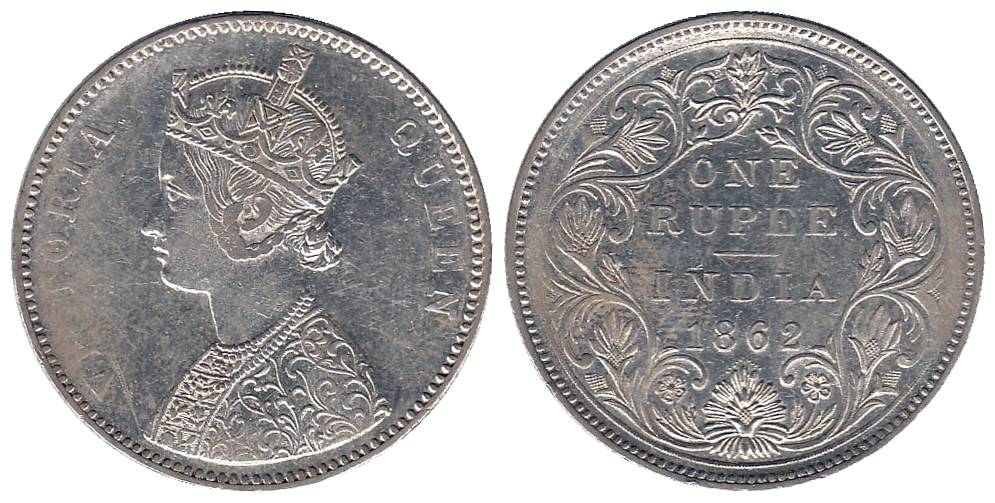 Victoria Queen, Silver, Rupee, Dot Rupee, 1862, A/II/0/11 Dots, with the 11th Dot below th