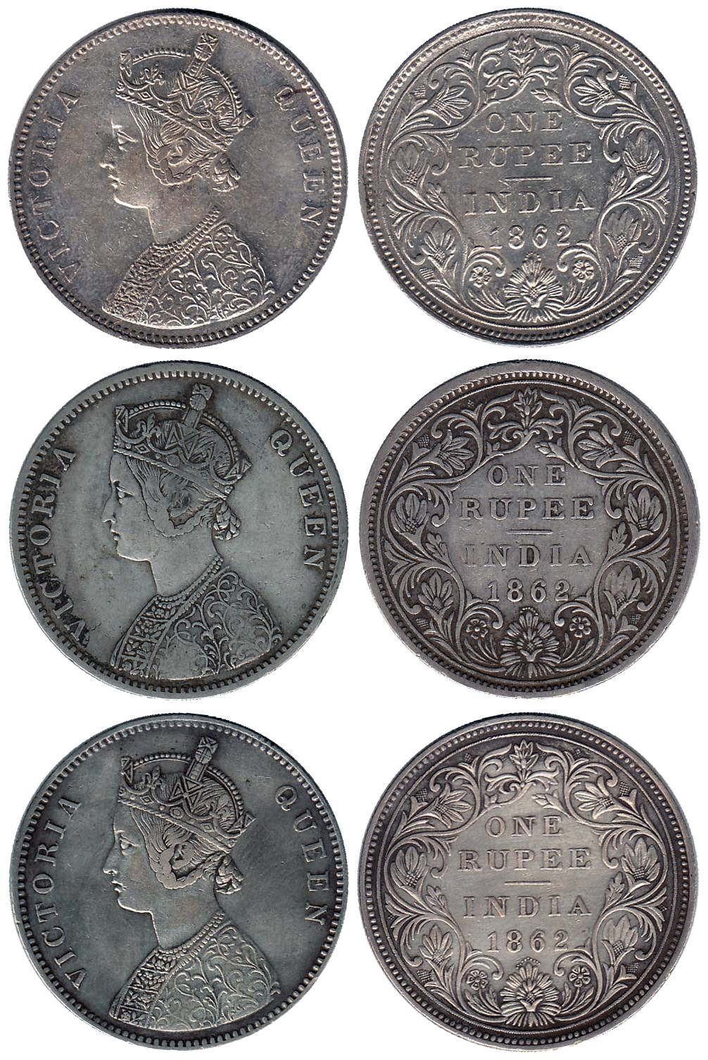 Victoria Queen, Silver, Rupee (3), Dot Rupee, 1862, A/II/0/7 Dots (2), one with a crescent