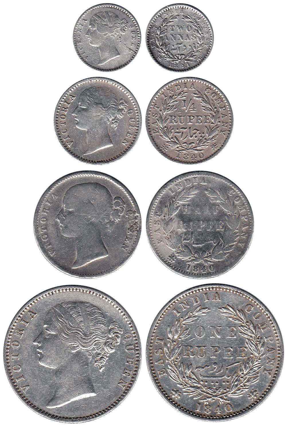 Victoria Queen, Silver (4), Set of 4: Rupee, ½ , ¼ Rupee and 2 Annas, Divided legend type,