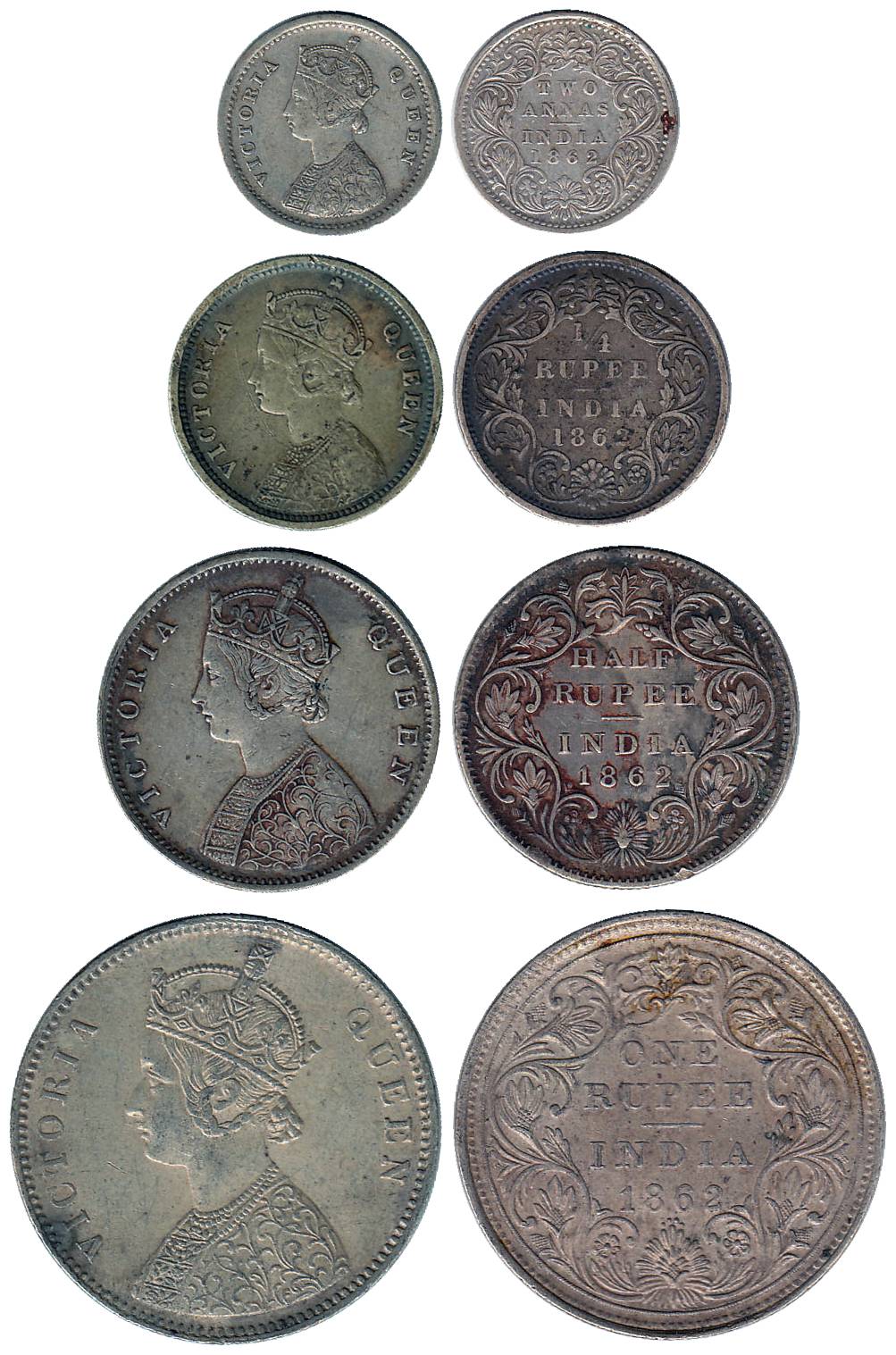 Victoria Queen, Silver (4), Set of 4: Rupee, ½ , ¼ Rupee and 2 Annas, 1862. Very Fine+, Sc