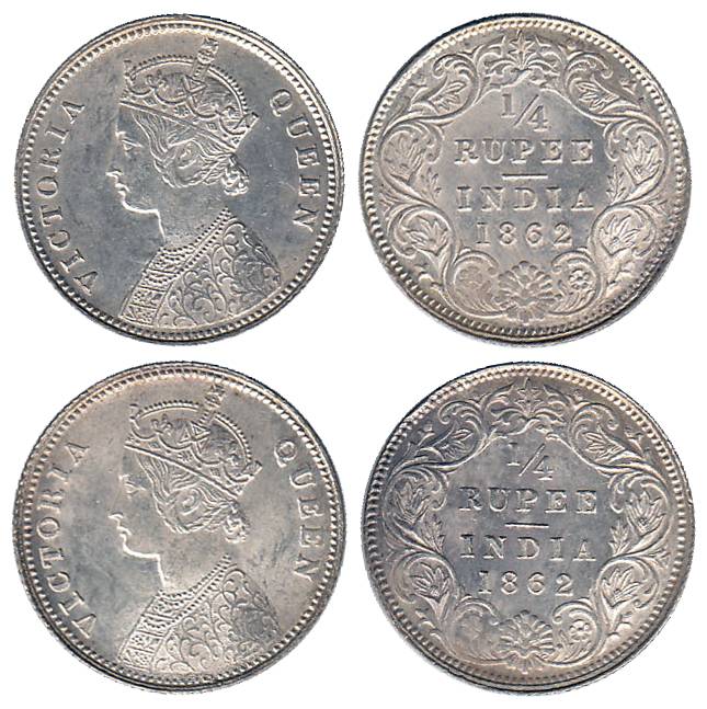 Victoria Queen, Silver (2), ¼ Rupee, 1862, Calcutta Mint, Obv A, Rev I. Extremely Fine, Sc