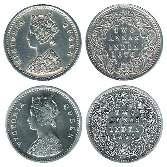 Victoria Queen, Silver (2), 2 Annas, 1875 (Prid# 517). Very Fine+, Scarce. 2 coins