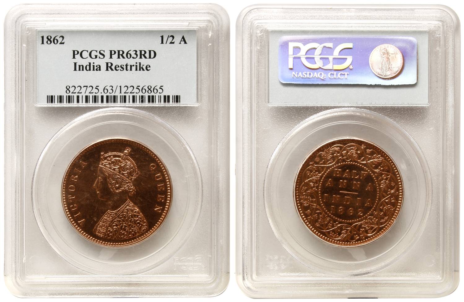 Victoria Queen, Copper, ½ Anna, 1862, Proof. Graded and Slabbed by the PCGS as PR63 RD, Re