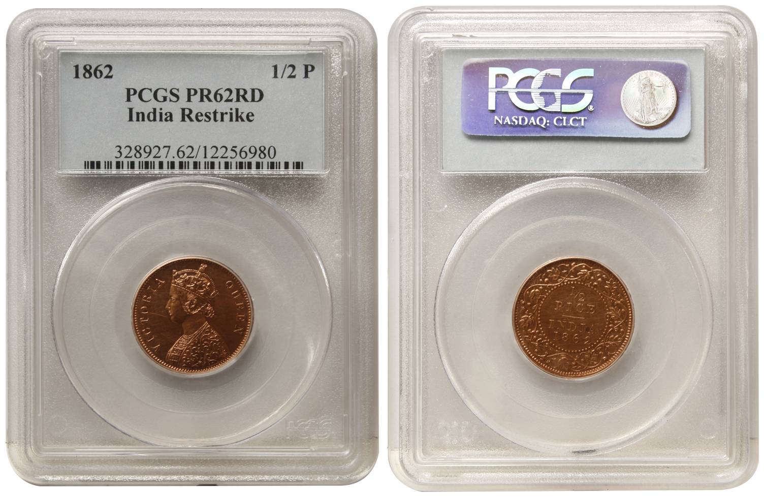 Victoria Queen, Copper, ½ Pice, 1862, Proof. Graded and Slabbed by the PCGS as PR62 RD, Re