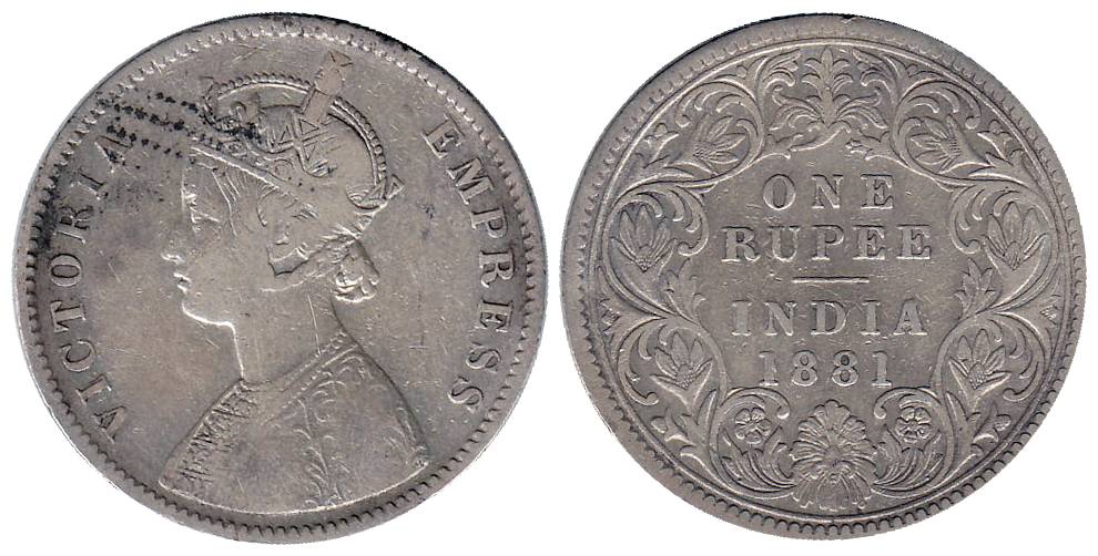 Victoria Empress, Silver, Rupee, 1881, Calcutta mint, AI/I/C incused. Fine+, Scarce.