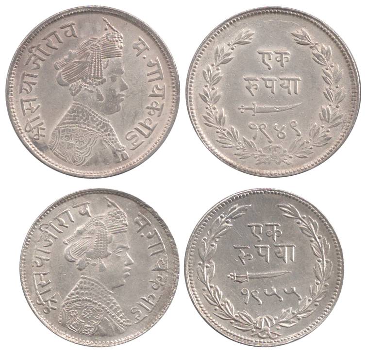 Sayaji Rao III, Silver (2), Rupee, Broad flan, VS 1949, and Small flan, VS 1955. About Ext