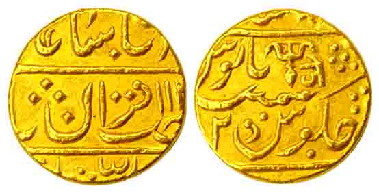 Jankoji Rao, Gold, Mohur, Lashkar Mint, in the name of Shah Alam II, RY 2; inverted bow an