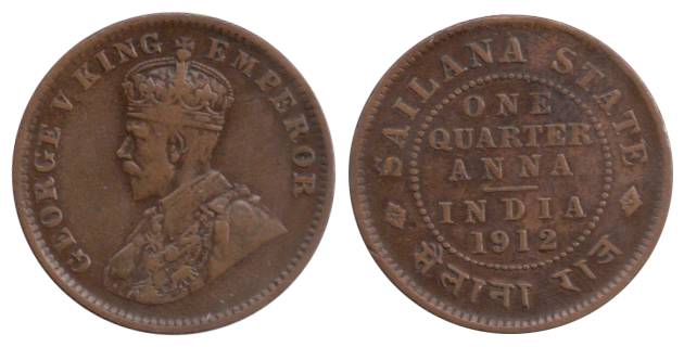 George V, Bronze, ¼ Anna, 1912, Calcutta Mint. Very Fine, Scarce.