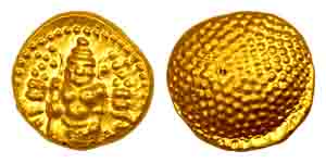 Gold, Pagoda, Lord Vishnu standing on oobv, granulation on rev, Lazy J type (KM 22), ND, i