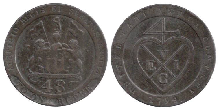 Copper, 1/48 Rupee, or Dub, arms on obv and bale mark on rev, 1794 (KM# 398). About Very F
